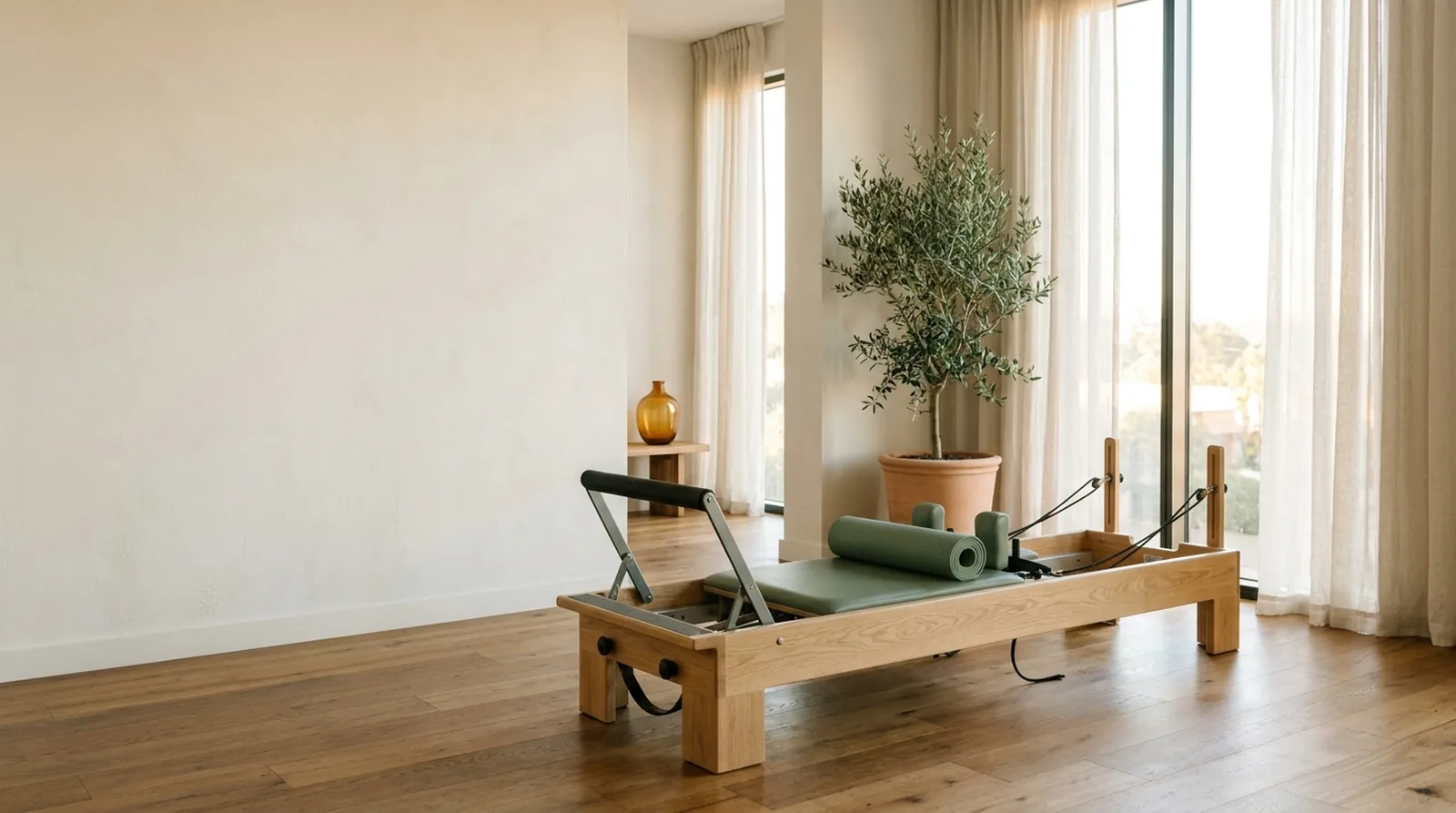 Ruhiges Wellness-Studio mit Reformer, Salbei-Matte, Olivenbaum und warmem Fensterlicht